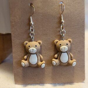 Handcrafted Tan Bear Dangle Drop Earrings NEW 1.0" Lobe Area Lightweight Casual